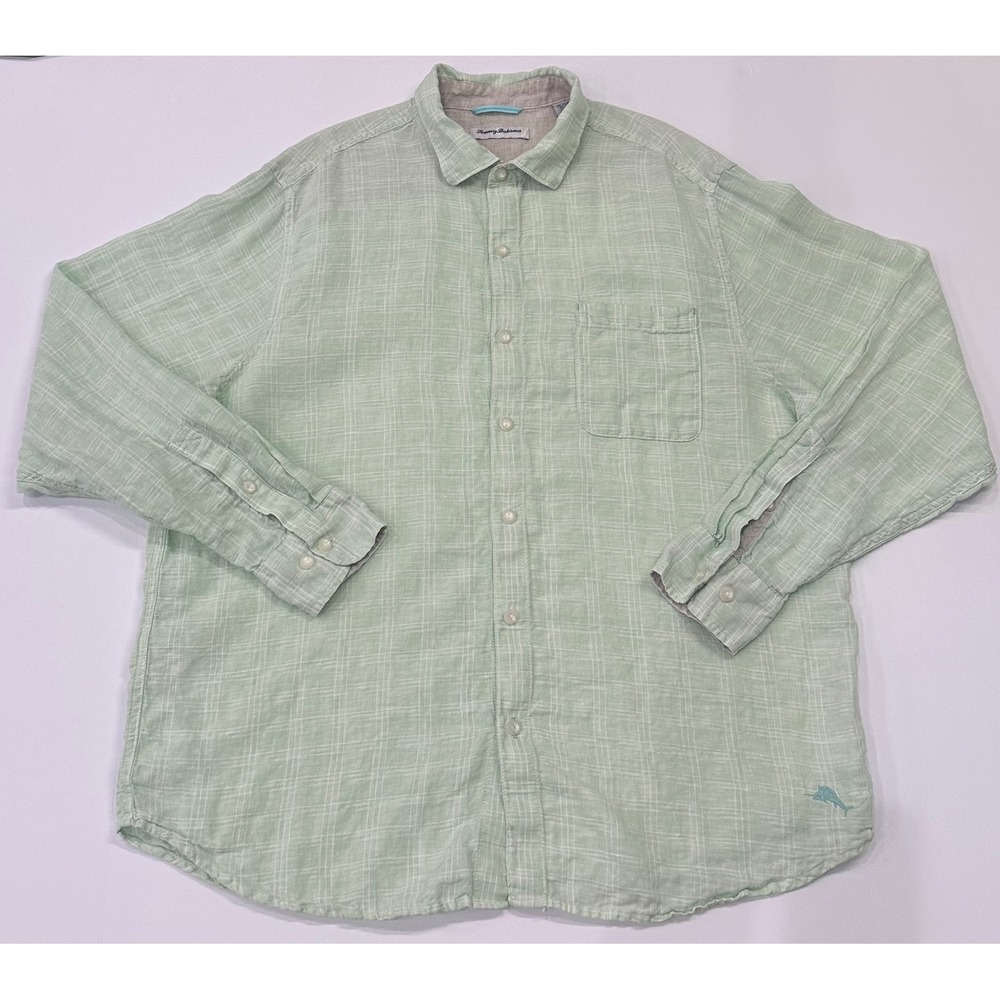 Tommy Bahama Mens XL Mint Green 100% Linen Windowpane Long Sleeve Button Shirt